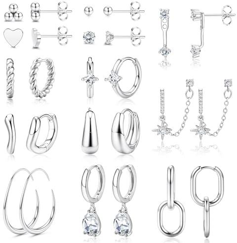 FIOROYAL 13 Paires Boucles d'Oreilles Femme Or Boucles d'Oreilles Creoles Or Femme Hypoallergénique Plaqué or 14K Piercing Oreille Boucle d'Oreille Femm Huggie Stacks Pour Multiple Piercing Argent