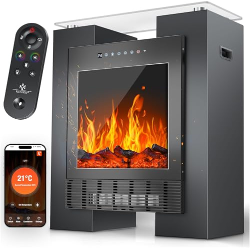 KESSER® LED Kamin mit Heizung elektrisch | Heizlüfter Elektrokamin mit Thermostat, Standkamin mit realistischem Feuer -/ Flammeneffekt per App + Fernbedienung & WLAN – mit Timer,15-35°C, Schwarz