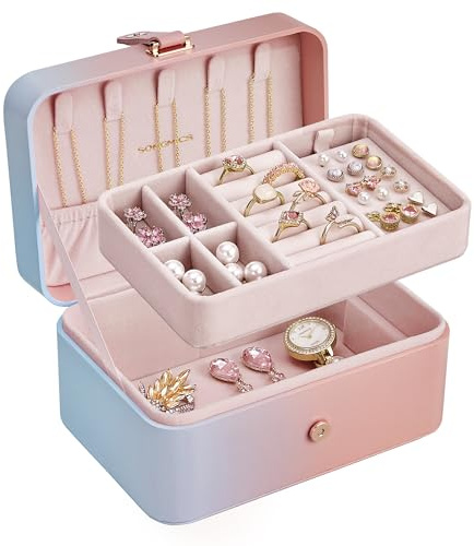 SONGMICS Jewellery Box, 2-Layer Travel Storage Case, 11 x 16 x 8 cm | Portable Small, for Larger Accessories, Gift Idea, Multicolor and Jelly Pink, GISELLA Collection JBC166X101