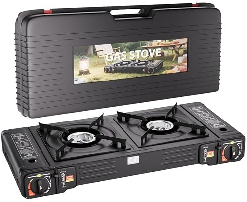 Portable Double Burner Camping Stove with Carry Case, Gas Cooker Stove Automatic Ignition System, Grill Plate Compact Cooker Butane Gas,BBQ Cooker Caravan & Outdoor Cooking