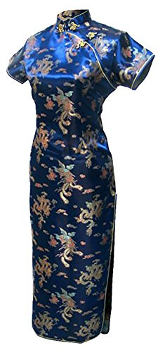 7Fairy Women's VTG Navy Long Chinese Evening Dress Cheongsam Qipao Size 6 US
