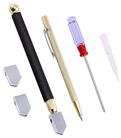 Swpeet - Juego de 6 piezas de herramientas para cortador de vidrio profesional, 5,5 pulgadas, pluma de grabado de tungsteno con cortador de vidrio con punta de carburo alimentado por lápiz