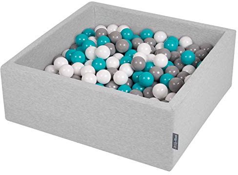 KiddyMoon Bällebad 90X30cm/300 Bälle ∅ 7Cm Bällepool Mit Bunten Bällen Für Babys Kinder Quadrat, Hellgrau:Grau/Weiß/Türkis