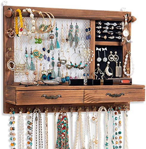 QILICZ Wand Schmuckständer Wandhalterung Schmuckhalter Holz Schmuck Organizer mit Armband Stange, 21 Haken, Schublade Schmuckaufbewahrung für Ohrringe,Ohrstecker,ketten,Armbänder,Ring