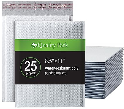 Quality Park Bubble Mailers, 8.5 x 11 Shipping Envelopes, Water Resistant White Poly Padded Envelopes, Redi-Strip Peel Off Closure, 25/Box (QUA85859)