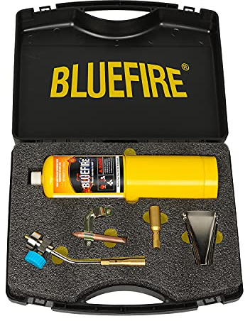 BLUEFIRE Solid Brass Pencil Flame Gas Welding Torch Head Nozzle Professional Upgrade Kit with MAPP All-Purpose Bundle with hard box interchangeable heads Fuel by MAP Pro Propane CGA 600 Cylinder