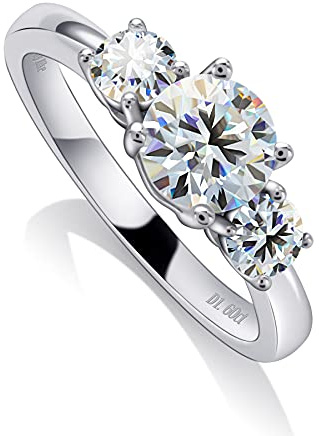 Moissanite - Anelli di fidanzamento da donna, in argento Sterling placcato oro bianco 18 carati, taglio rotondo, con 3 pietre, 1,6 carati, colore D, VVS1, anello di moissanite, anello di fidanzamento