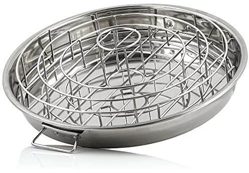 BBQ-Toro Edelstahl 3-In-1 Rippchen und Hähnchenkeulen Halterung mit Auffangschale | Chicken Roaster mit Aroma-Kegel | Rippchenhalter für Sparribs | Hähnchenkeulen Halter mit Tropfschale