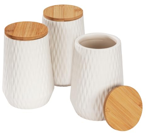 WENKO Aufbewahrungsdose Diamond, modernes 3er Set Keramik-Dosen mit Bambusdeckel und eleganter Rauten-Struktur zur Aufbewahrung in Küche oder Haushalt, Fassungsvermögen jeweils 0,6 Liter, Weiß/Braun