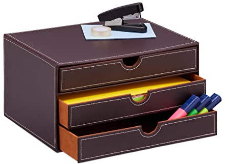 Relaxdays Schubladenbox, mit 3 Schubladen, Kunstleder, DIN A4, Büro, Schmuck, HxBxT: 18 x 33 x 25 cm, Ablagebox, braun