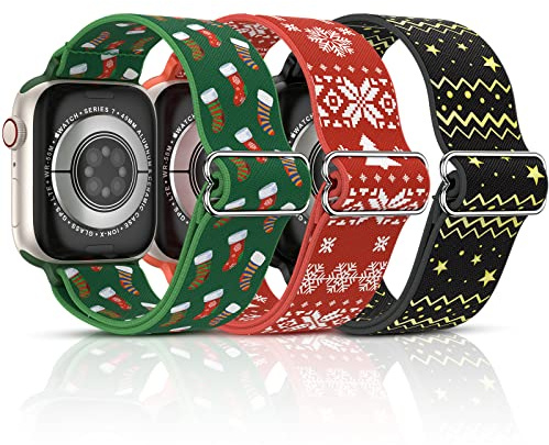 [3 stycken] Neitra jularmband för Apple Watch 38 mm 40 mm 41 mm, mjukt elastiskt nylon ersättningsarmband flätad sport sololoop jul klockarmband för iWatch Series 9 8 7 6 5 4 SE 2023