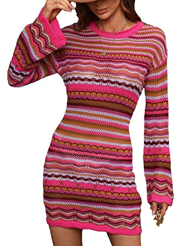 WEITING Mini Vestido Suéter Casual, Mujer Manga Larga para el Otoño, Vestido Suéter Avellanado a Rayas Ganchillo a Rayas Arco Iris para Mujeres