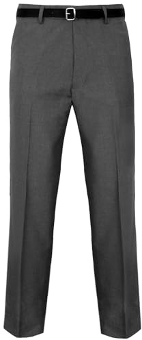 Mens Formal Classic Trousers Tailored Fit Vintage Casual Business Office Work Home Belted Waist Band Smart Dress Pants Straight Leg Flat Front Everpress Easy Care Slant Pockets (Charcoal Grey, 50/27)