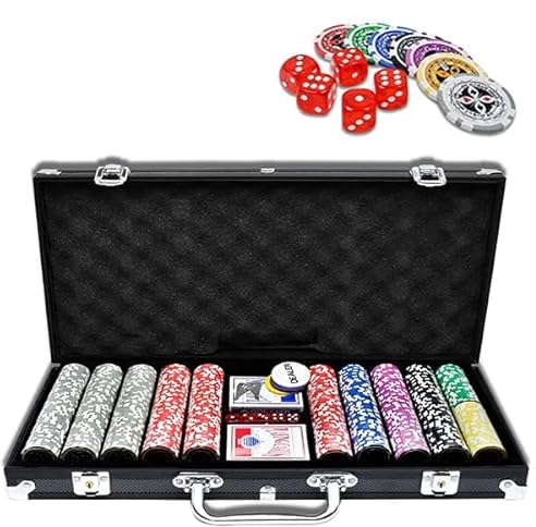 YUENFONG Pokerkoffer Pokerset Schwarz mit 500 hochwertigen Laser Pokerchips, inkl. 2 Pokerdecks, 5 Würfel, 1 Dealer Button, 2 Schlüssel, für Party, Reise, Game