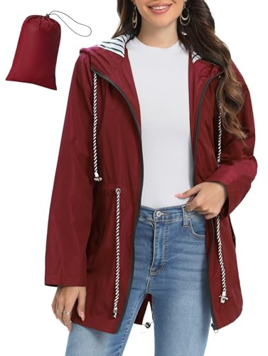 UMIPUBO Chubasquero Mujer Impermeable Chaqueta Ligera al Aire Libre Chaqueta de lluvia Plegable para Primavera y Verano con Capucha(Vino tinto,XL)