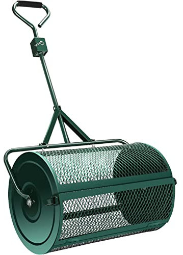 OSBELE Esparcidor de abono Esparcidor de turba y Musgo, esparcidor de Empuje de 24 Pulgadas con Mango de Doble propósito Esparcidor de estiércol liviano para césped y jardín Cesta de Malla metálica
