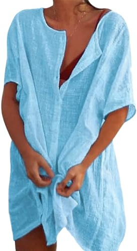Figarge Dam strandklänning bikini cover up med rund hals knappslå kortärmad 3/4 ärm sommar strandsemester baddräkt strandtunika