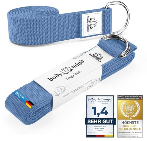 Correa de yoga Body & Mind® de algodón 100% natural - 250 cm de largo; correa de yoga con cierre de anilla en D para principiantes y avanzados; ejercicios de pilates, yoga y fitness (Azul meditación)