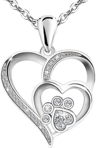 Xuigort Heart Paw Necklace for Women, Crystal Pendant, Dainty Dog Cat Pet Paw Print Love Heart Charm, Adjustable Necklace Jewellery Chain for Women Girls Lady