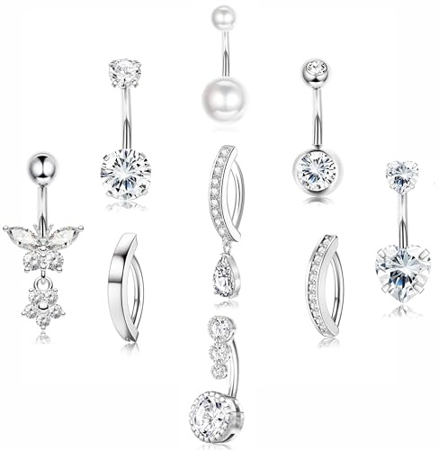 PLOMFOV Silver Belly Button Ring Surgical Steel Belly Rings for Women 14G Belly Button Piercing CZ Pearl Cute Navel Ring Belly Piercing Jewelry