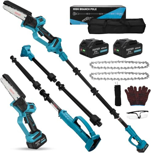 Mini Tronçonneuse à Batterie 8000mAh, 2-In-1 Scie électrique Télescopique 6 Pouces pour élagage avec Batterie et Chargeur, Perches Élagueuses Tête du Moteur Orientable, Tige d'extension Jusqu'à 2,6 m