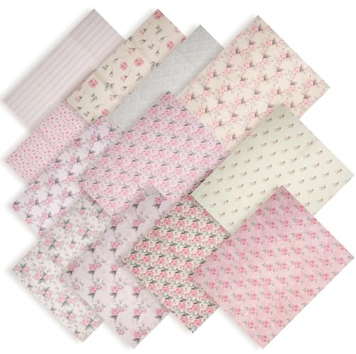 Cotton+Polyester Fabric Printed Patchwork Fabrics Retro Floral Quilting Patchwork Squares for Sewing Quilting Crafting (Pink Flower, 12Pcs 18x22)
