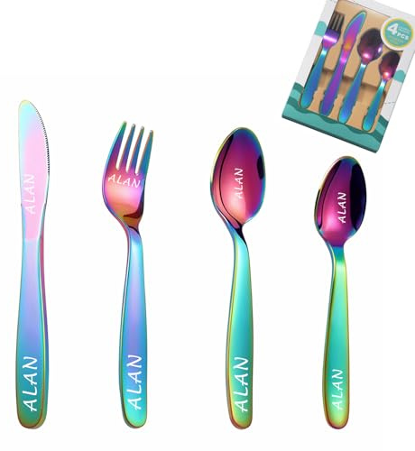 Custom Engraved Cutlery Set, 1 Set of 4 Pieces, Personalised Adult Cutlery Set, Fork, Knife, Spoon and Teaspoon Engraved Stainless Steel Flatware Set