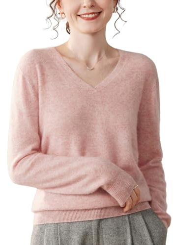 DISSA Pull Cachemire Femme Col V Uni Tricoté en Vrac Manches Longues Fin Pull en Cachemire et Laine,Rose,EU 38,MH605