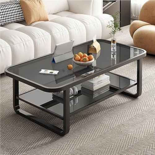 EASYSOUL Modern Glass Coffee Table, 39.37 x 19.69 x 17.7 Inches, Double Layered Rectangular Glass Tea Tables for Living Room Home Office Industrial Cocktail Tables (Gray, 39.37“)