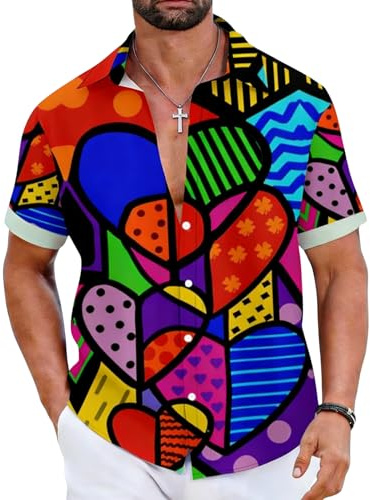 HAPNBCELE Valentines Day Button Up T-Shirts for Mens, Date Outfit Hawaiian Summer Novelty Funny Casual Short Sleeve Shirt for Adult (Colourful, Large)