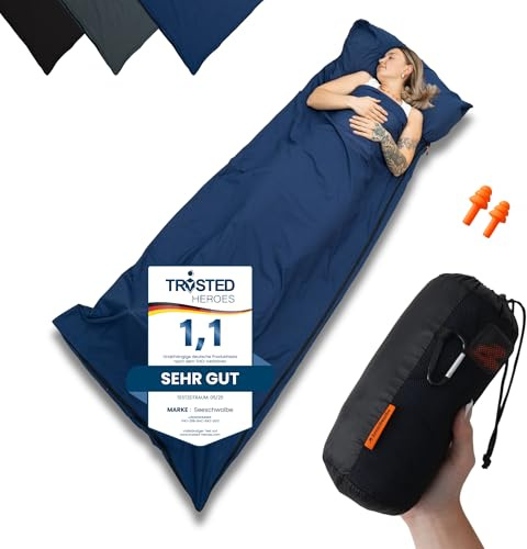 SEESCHWALBE Hüttenschlafsack Baumwolle - Hüttenschlafsack Ultraleicht und ultradünn ohne Fütterung - Reiseschlafsack kleines Packmaß als Inlett mit Kissenfach - Kompakt & Klein, Marineblau
