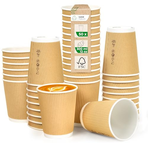 Love Nature Tazas de papel estriadas de 300 ml - 50 piezas de tazas de café desechables de cartón marrón - sin plástico respetuosas con el medio ambiente 100 % biodegradables compostables