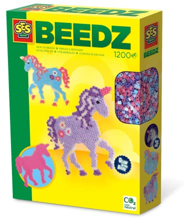 SES Creative 06115 Bügelperlen-Set Einhorn, Glow in the Dark, 1200 Perlen für leuchtende Motive, Gemischt