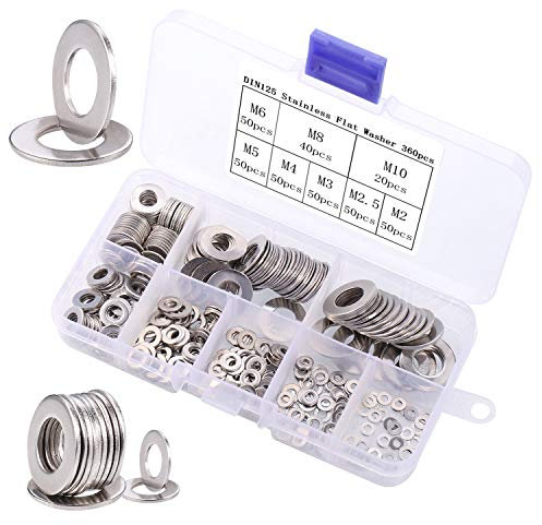 JIZZU 360 PCS Kit de Rondelles en Acier Inoxydable, Rondelles à Vis en métal de Différentes Tailles, Kit de Rondelles Assorties Durable M2-M10, Convient pour Ecrou et Boulon, Vis électrique, Ressorts