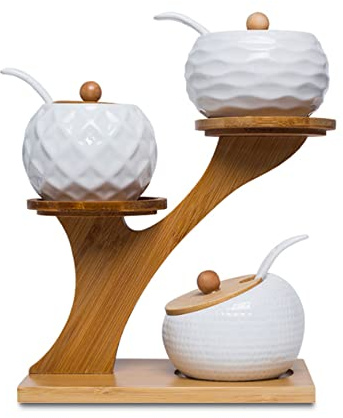 MIATTCLD Porcelain Condiment Jar Set, Spice Jars with Bamboo Lids and Spoon, Wooden Tray, 170 ML (5.8 OZ), Used to Store Tea, Spices, Coffee, Set of 3(White)