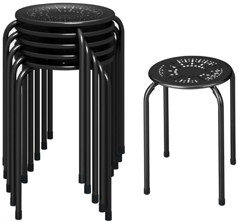 TANGZON Set of 6 Black Steel Stacking Stools, Daisy Round Seats | Stackable Nesting Design, Perforated Daisy Seat, Non-Slip Feet, No Assembly, Kitchen Classroom Office Seating