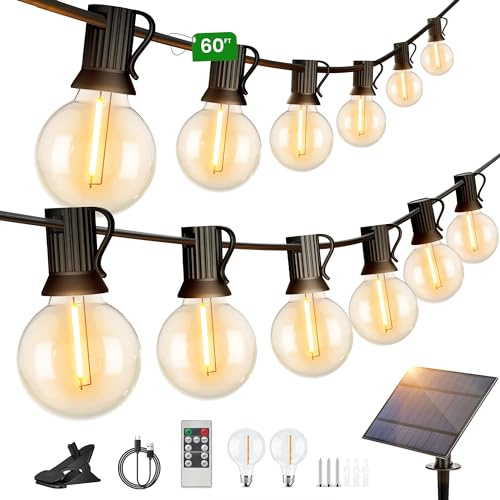 Torkase Catena Luminosa Esterno Solare Giardino - 18M 60ft G40 LED Lampade Solari Da Giardino Luci Gazebo da Esterno Per Balcone Feste Patio Matrimonio