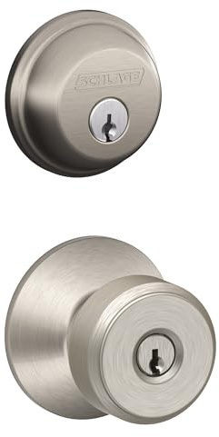 Schlage FB50 N V BWE 619 Single Cylinder Deadbolt and Keyed Entry Bowery Knob, Satin Nickel