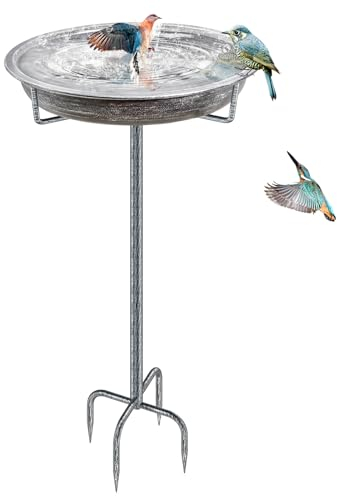 KHayRovies Vogeltränke Stehend, Vogelbad für Draußen Garten, Metall Vogelbecken Schüssel Wildvogeltränken Wassertränke, Wasserschale Frostsicher Vogelfutterspender für Vögel, 92x27cm (Retro Silber)