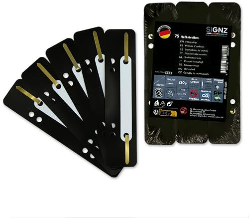 SIGNZ Heftstreifen Kunststoff (PP), 75 Stück, 25 x 3 Farben, recycelbarer Kunststoff (PP), CO2-neutral hergestellt, made in Germany (75 Stück, schwarz, schwarz, schwarz)