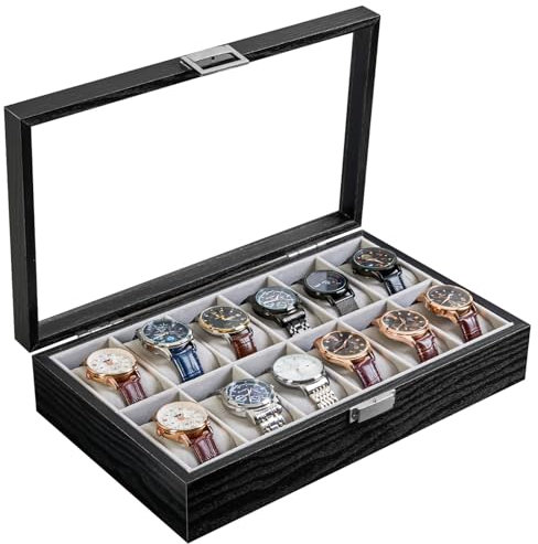 ProCase 12 Slots Uhrenbox, Uhrenkasten Holz, Uhrenkissen Herren, Uhrenschatulle Uhrenaufbewahrung Uhrenorganisation Uhrenkoffer watch box für Herren - Schwarz