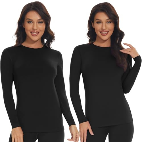 SIMIYA 2 Pack Thermo Unterhemd Damen Thermoshirt Langarm Thermounterwäsche Thermo Oberteil Warme Unterwäsche Winter Thermal Base Layer mit Innenfleece,2 Pack Schwarz,S
