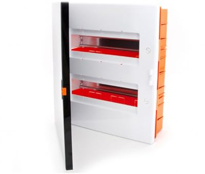 Caja de distribución empotrada para 24 elementos, con diseño compacto; ideal para instalar en espacios reducidos y gestionar circuitos eléctricos.