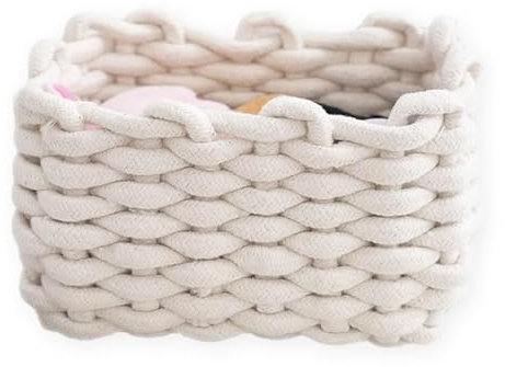 1 Stück Aufbewahrungskorb Baumwolle Korb Geflochten Körbchen Aufbewahrung,Quadratische Speicher Regalkörbe für Schränke,Bad,Küche,Stapelbare Deko Speicher Storage Basket,Weiß-20 x 15 x 12 cm