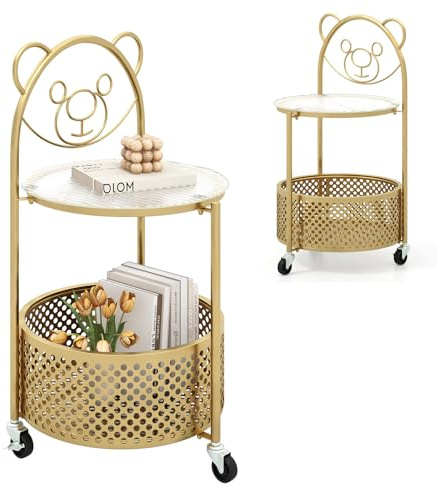 LIFEZEAL Mesa Auxiliar para sofá, diseño Osito, Mesa Lateral con 3 Ruedas, Tapa de gristal y Cesta de almacenaje, Mesa Auxiliar Redonda, Carrito para Servir para salón, Cocina (Oro)