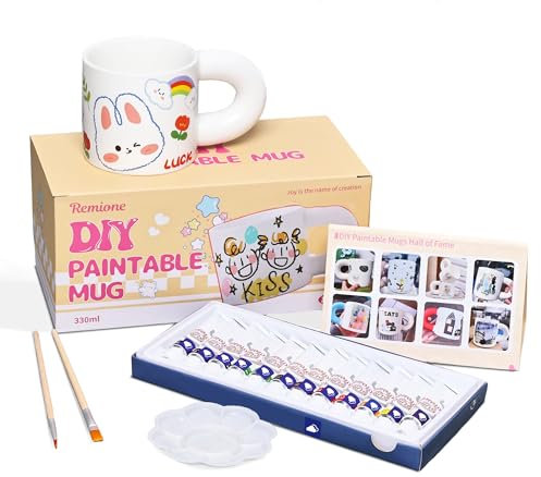 Remione Bemalbares Tassen-Set, Malen Sie Ihre eigene Tasse, Töpferei-Malset mit Tasse, 12 Keramikfarben, Pinsel, Mini-Palette, Handbuch, Tassen-Malset für Erwachsene und Kinder (1 x Mugx)