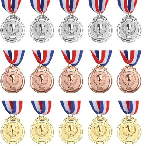 Gosknor 15 Pezzi Medaglie Premio in Oro Argento e Bronzo, 5cm Metallo Medaglia Vincitore per Bambini Premi in Stile Olimpico per Bambini Giochi Sportivi Scolastici Bomboniere