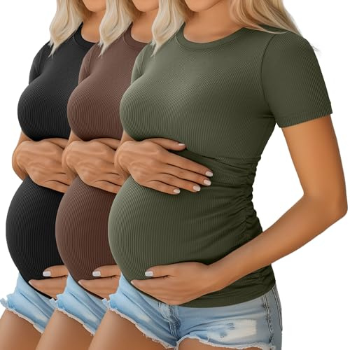 Ficerd Pacco da 3 Maglie maternità Donna in Cotone: Top Gravidanza a Maniche Corte, con Pieghe Laterali e Tessuto a Costine(Nero, caffè, Verde Militare Chiaro,L)