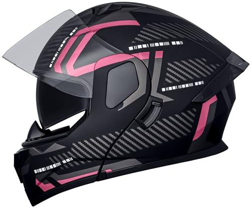 Motorcycle Helmets Modular Full Face Moped Helmet,DOT Approved Modular Flip-Up Dual Visor Motorcycle Full Face Helmet for Adults Men & Women (Pink, Medium)