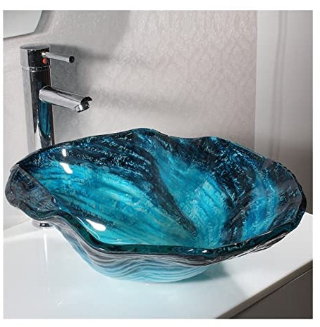 VNNHGB Badezimmerwaschbecken, Unterbauwaschbecken, Aufsatzwaschbecken, Badezimmer-Glaswaschbecken, Garderobenwaschbecken, geriffelte Wellen-Blumenschale, Badezimmerwaschbecken